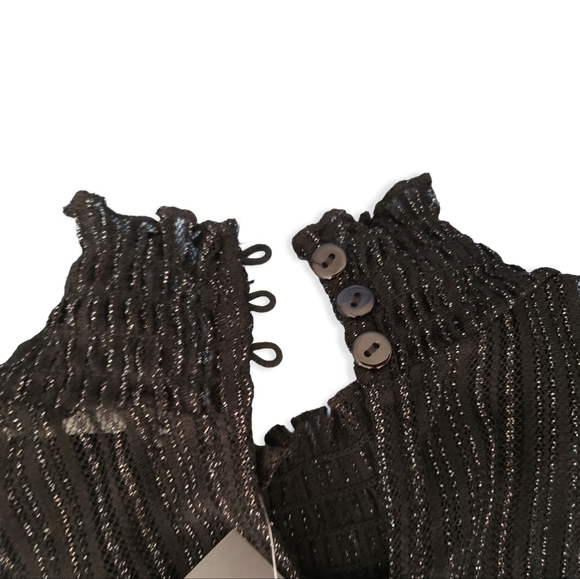 New Semi-Sheer Black Glitter Mockneck Blouse Long Sleeve Top Sheer Turtleneck - Picture 5 of 11